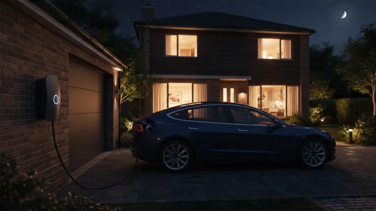 Домашня зарядна станція для електромобіля біля приватного будинку вночі